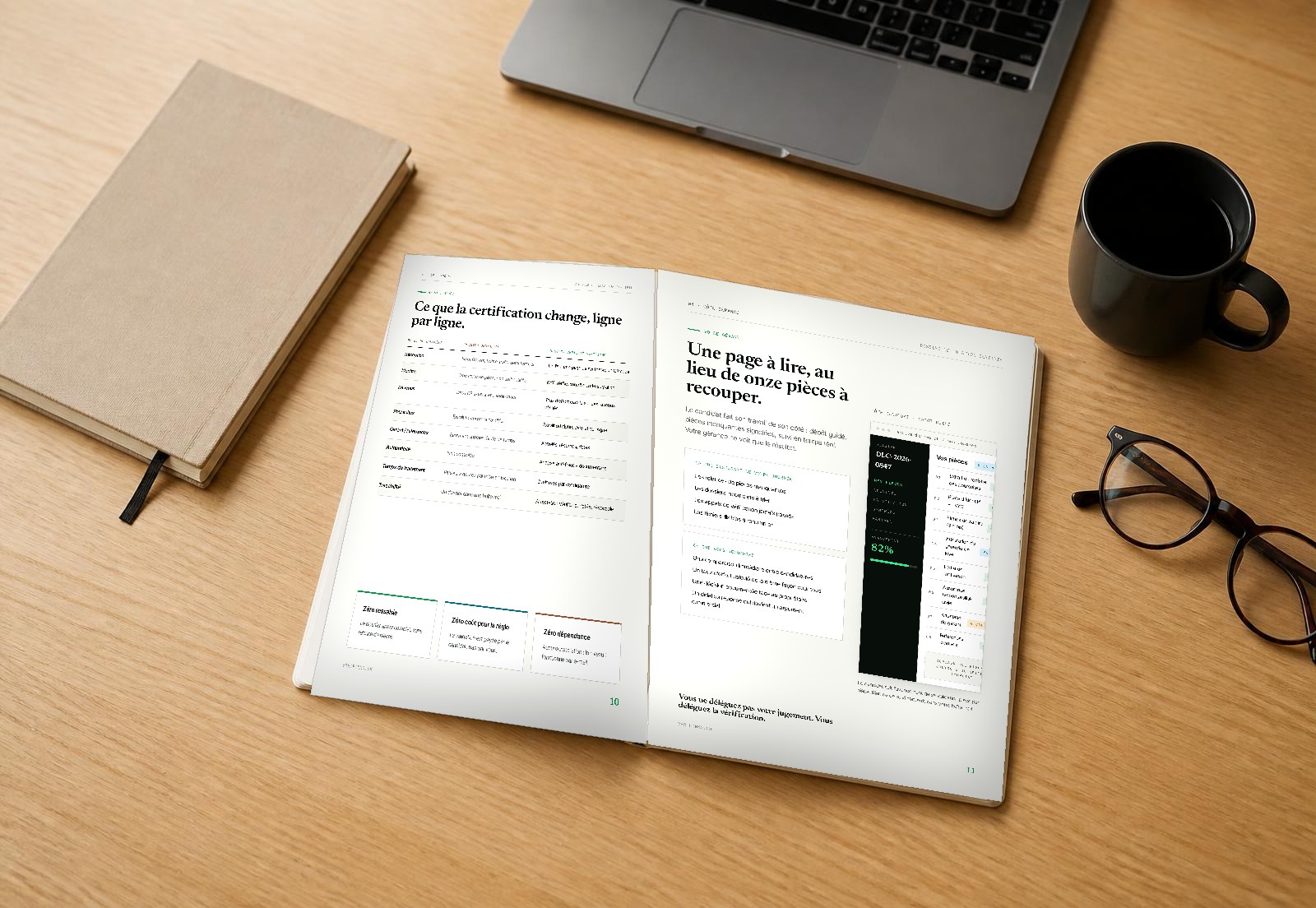 Brochure VERIFIMMO ouverte entre carnet, lunettes et tasse de café