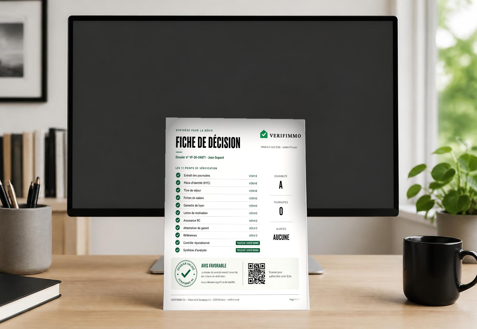Fiche de décision VERIFIMMO affichée sur un écran de bureau